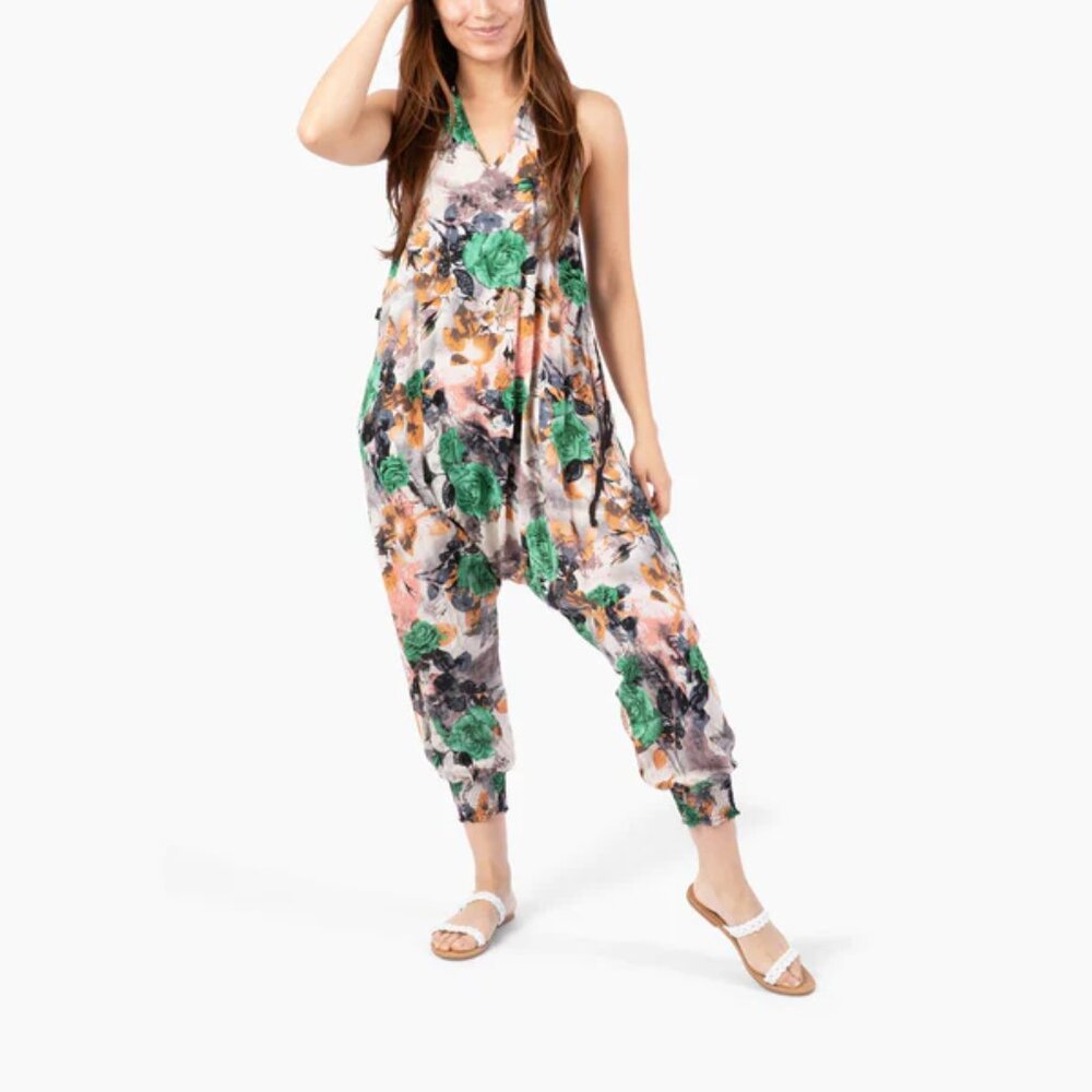 Flower Harem Jumpsuit Cotton Halter Neck Tapered Leg Pockets Green Kira
